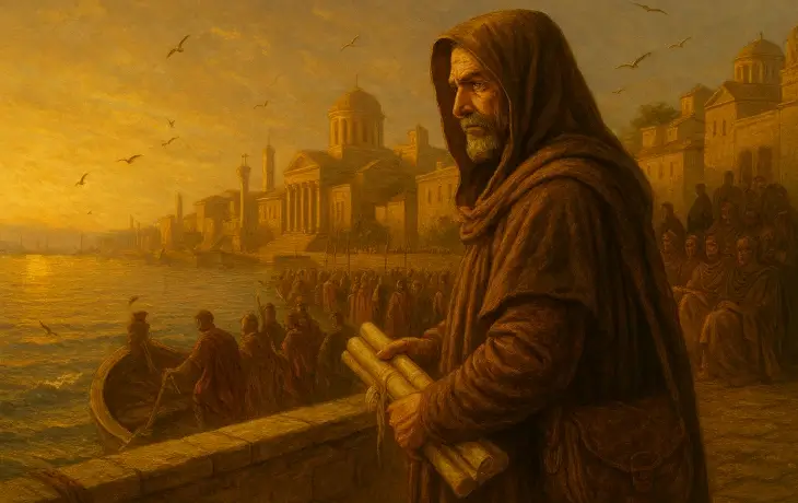 Sürgüne gitmek zorunda kalan Hannibal Barca’nın, kıyıda elindeki parşömenlerle Kartaca’dan ayrılmadan önce geriye baktığı hüzünlü sahne; limanda toplanan halk ve arka planda Kartaca’nın anıtsal yapıları görülüyor.